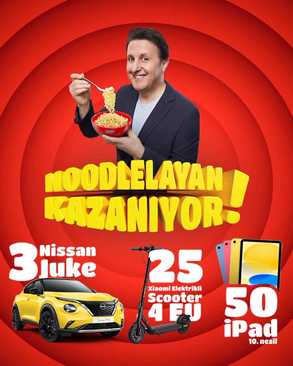 CekilisTvcom's tweet photo. Indomie Noodle Çekilişi - Indomie Nissan Juke Çekilişi
Noodlelayan Kazanıyor... Indomie Noodle ürünlerinden satın alanlar Nissan Juke Otomobil, Xiaomi Elektrikli Scooter veya Apple iPad 10.Nesil kazanma şansı yakalıyor.
https://t.co/NZX8hitl4K
#indomie #kampanya #çekiliş https://t.co/WDAuxaxbjK