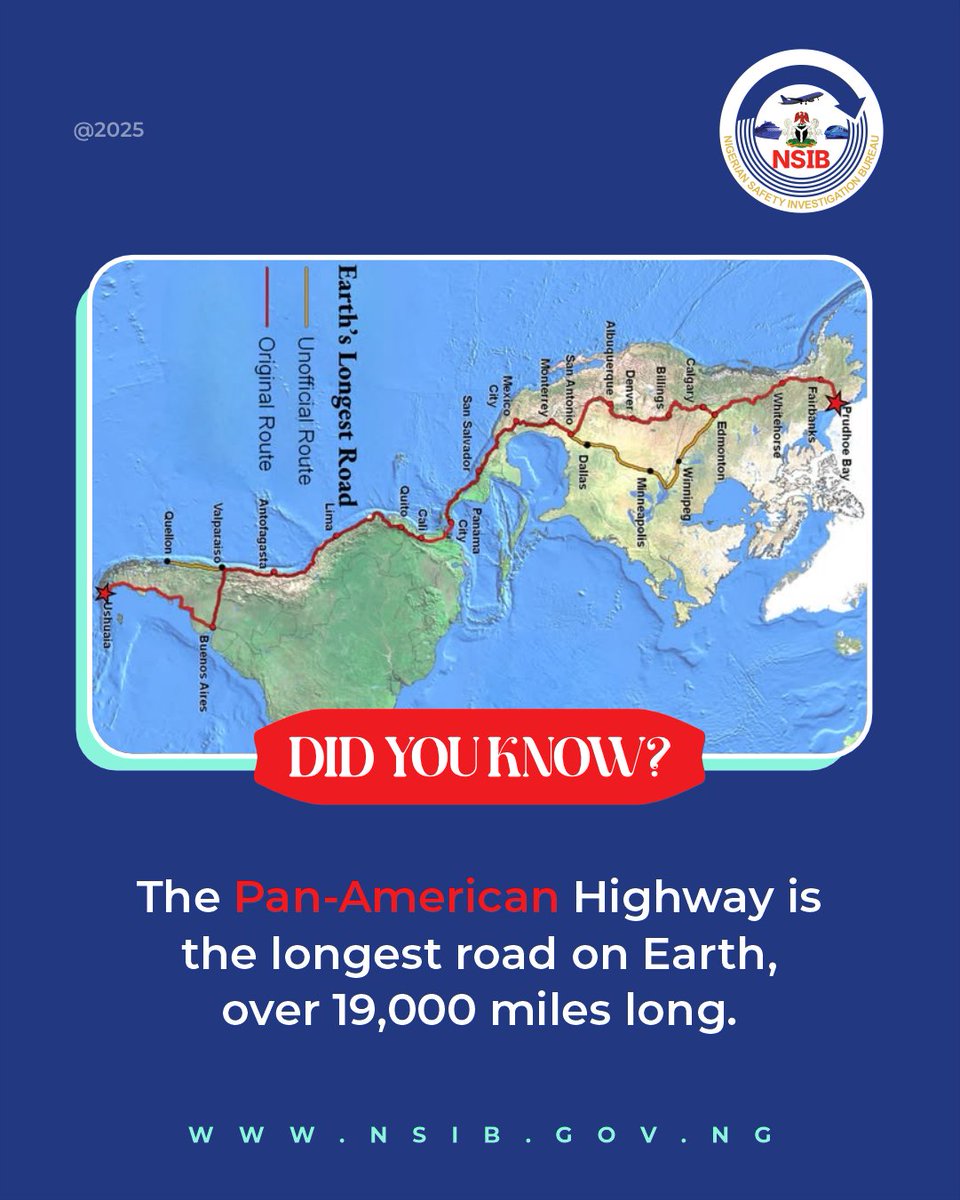 nsibofficial's tweet photo. Alaska to Argentine on one road?

Yes, the Pan-American Highway stretches that far. 

It's possibly the world’s wildest road trip. 

#NSIB  #DidYouKnow #TransportSafety https://t.co/aWPWJYP87e
