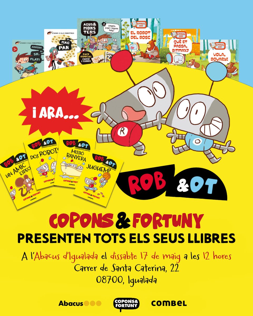 EditorialCasals (@editorialcasals) on Twitter photo 📢Això és demà!
Els autors 🖊️<a href="/jaumecopons/">Jaume Copons</a> i 🎨<a href="/lilianafortuny/">liliana fortuny</a> visiten la llibreria <a href="/abacus_botigues/">Abacus Botigues</a>!
🗓️17 de maig
⏰12h
📍Abacus Igualada. Carrer de Santa Caterina, 22. Igualada
📚L'AGUS I ELS MONSTRES
📚BITMAX&CO
📚ROB&OT
Us hi esperem!
fb.me/e/2upbKEMGB
#CombelEditorial 📢Això és demà!
Els autors 🖊️<a href="/jaumecopons/">Jaume Copons</a> i 🎨<a href="/lilianafortuny/">liliana fortuny</a> visiten la llibreria <a href="/abacus_botigues/">Abacus Botigues</a>!
🗓️17 de maig
⏰12h
📍Abacus Igualada. Carrer de Santa Caterina, 22. Igualada
📚L'AGUS I ELS MONSTRES
📚BITMAX&CO
📚ROB&OT
Us hi esperem!
fb.me/e/2upbKEMGB
#CombelEditorial