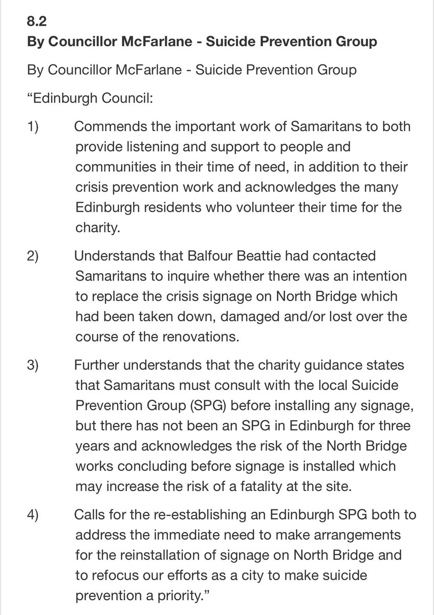 Cllr. Finlay McFarlane (@finlaymcf) on Twitter photo Today I have tabled a motion to re-establish an Edinburgh Suicide Prevention Group (there hasnāt been one for three years?), to commend the volunteers for their work <a href="/samaritans/">Samaritans</a> and to ensure crisis signage is back in situ on the reopening of the North Bridge. Today I have tabled a motion to re-establish an Edinburgh Suicide Prevention Group (there hasnāt been one for three years?), to commend the volunteers for their work <a href="/samaritans/">Samaritans</a> and to ensure crisis signage is back in situ on the reopening of the North Bridge.