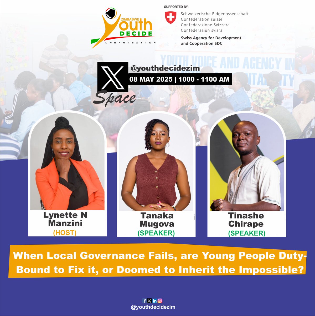 Join us today, Thursday 8 May at 10:00 AM CAT, for a powerful and timely X Space conversation. We’re diving deep into youth, responsibility, and the future of local governance.
Don’t miss this power-packed dialogue

Your voice matters!