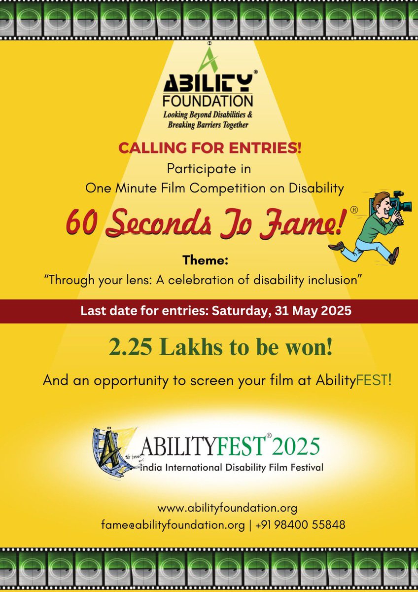 madhankarky's tweet image. 60 SECONDS TO FAME!

Through your lens: A celebration of disability inclusion

All-India one-minute film competition. Open to all Indian nationals. Organized by Ability Foundation, this competition aims to inspire innovative thinking about disability while advocating for an…