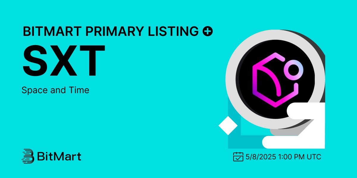 #BitMart is thrilled to announce the primary listing of Space and Time (SXT) <a href="/spaceandtime/"></a>  🎉

 💰Trading pair: SXT/USDT
 💎Deposit: Available Now
 💎Trading: 05/08/2025 1:00 PM UTC 

🔥Learn more: bitmart.zendesk.com/hc/en-us/artic…
🔗Register now: bitmart.com/invite/OPS/en-…

#BitMart #SXT