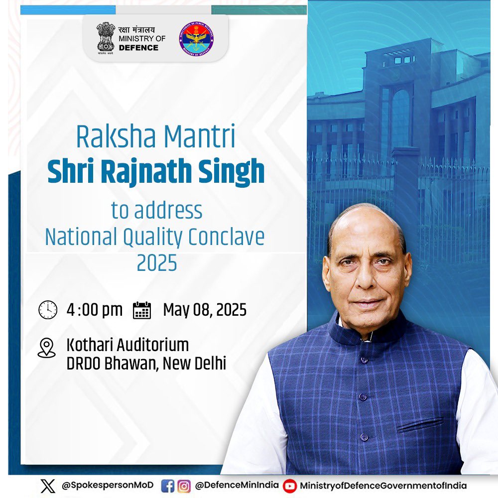 Raksha Mantri Shri <a href="/rajnathsingh/">Rajnath Singh</a> will grace the National Quality Conclave 2025, a premier gathering celebrating excellence in quality and innovation, today. He will deliver the keynote address highlighting the nation’s strides in defence, research, and quality advancement. The