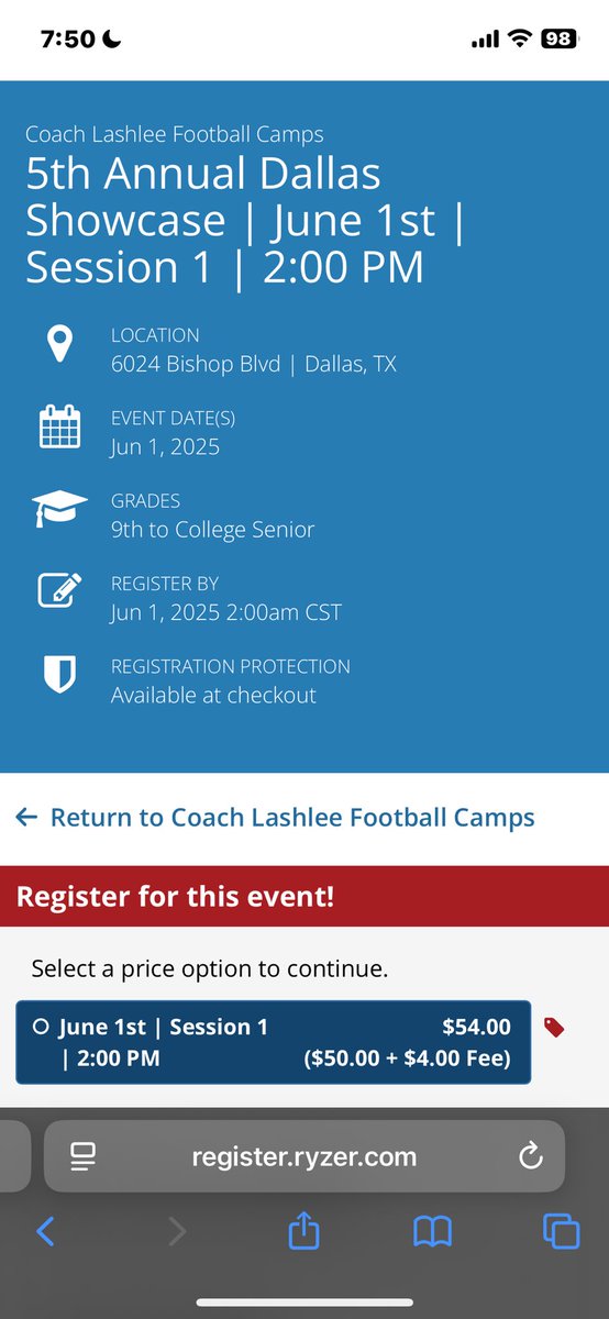 Ezekiel Grier (@ezekielgrier_28) on Twitter photo I will be attending The 5th Annual Dallas Showcase camp at SMU, june 1st at 2:00 PM ‼️
<a href="/DA_thegreat/">Coach Anderson</a> <a href="/CoachJames__/">Tony James.</a> <a href="/CoachKyleCooper/">Kyle Cooper</a> <a href="/Rivals/">Rivals</a> I will be attending The 5th Annual Dallas Showcase camp at SMU, june 1st at 2:00 PM ‼️
<a href="/DA_thegreat/">Coach Anderson</a> <a href="/CoachJames__/">Tony James.</a> <a href="/CoachKyleCooper/">Kyle Cooper</a> <a href="/Rivals/">Rivals</a>
