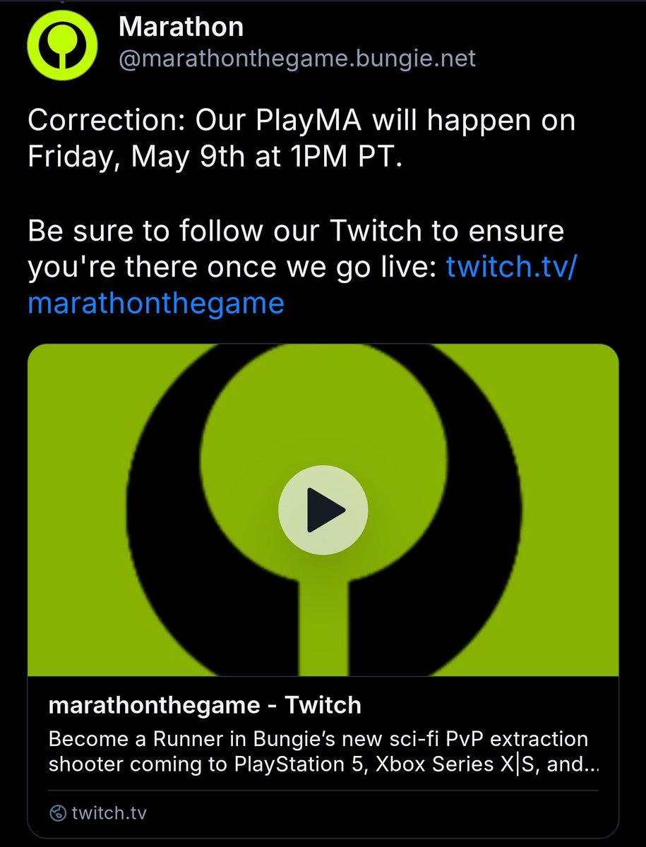 MarathonIntel's tweet image. Marathon will have a livestream on May 9th at 1 PM PT to discuss what's next for the game.