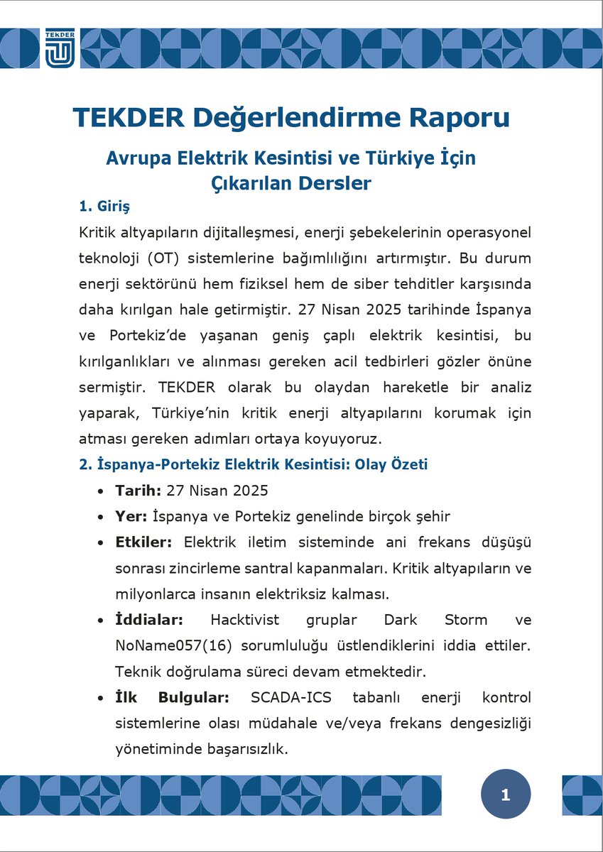 TEKDERGM's tweet photo. 📄 TEKDER olarak “Avrupa Elektrik Kesintisi ve Türkiye İçin Çıkarılan Dersler” başlıklı raporumuzu sizlerle paylaşıyoruz! 

🔗 Raporun tamamını buradan okuyabilirsiniz 👇

https://t.co/ZohpLzAeU7

#TEKDER  #EnerjiGüvenliği #SiberGüvenlik https://t.co/oIjlLRQxjb