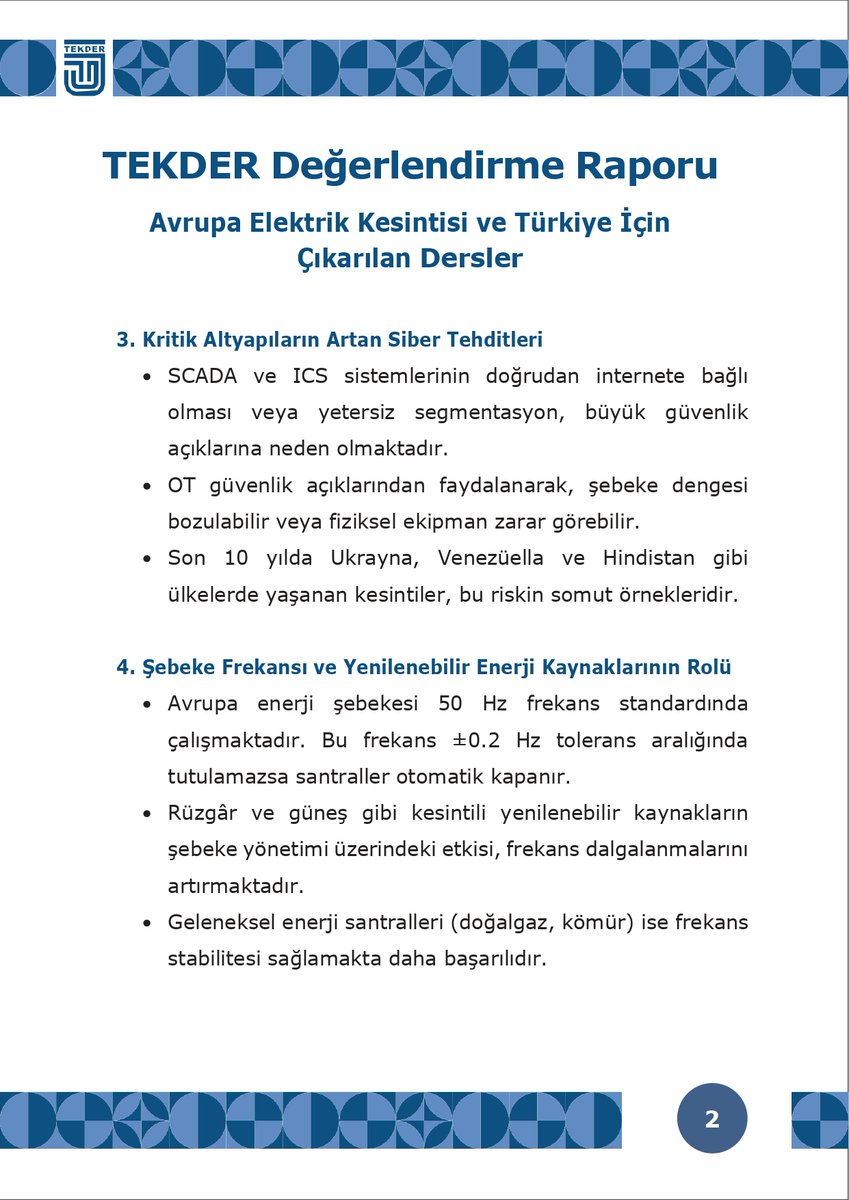 TEKDERGM's tweet photo. 📄 TEKDER olarak “Avrupa Elektrik Kesintisi ve Türkiye İçin Çıkarılan Dersler” başlıklı raporumuzu sizlerle paylaşıyoruz! 

🔗 Raporun tamamını buradan okuyabilirsiniz 👇

https://t.co/ZohpLzAeU7

#TEKDER  #EnerjiGüvenliği #SiberGüvenlik https://t.co/oIjlLRQxjb