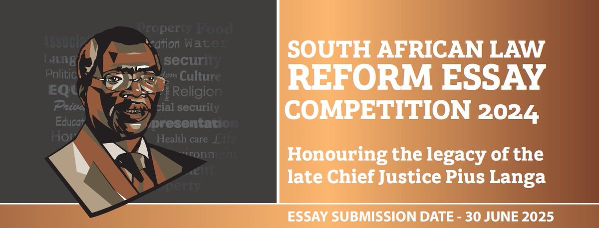 DOJCD_ZA's tweet photo. SALRC Legal Essay Competition. Closing Date 30 June 2025. 

BEGIN YOUR JOURNEY IN LAW IN THE FOOTSTEPS OF SOUTH AFRICA’S LEGAL GIANTS

South African Law Reform Commission (SALRC) is engaging young legal minds in generating innovative ideas on issues of law reform. The competition aims to honour a range of South African legal achievers who have dedicated their lives to the advancement of our constitutional democracy.
https://t.co/pN9hRKNLND