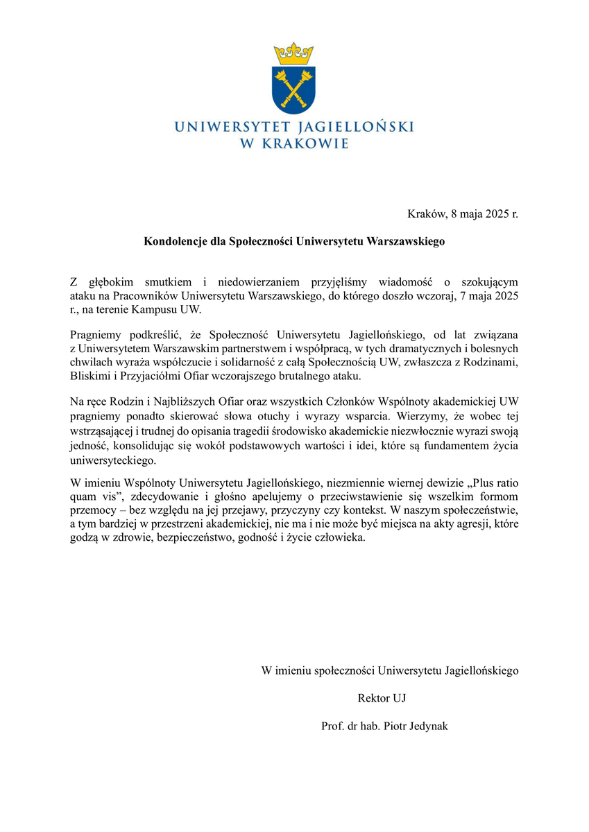 Uniwersytet Jagielloński (@jagiellonskiuni) on Twitter photo 🟡🔵 Kondolencje dla Społeczności <a href="/UniWarszawski/">Uniwersytet Warszawski</a> w związku z tragicznymi wydarzeniami z 7 maja na terenie Kampusu UW. 🟡🔵 Kondolencje dla Społeczności <a href="/UniWarszawski/">Uniwersytet Warszawski</a> w związku z tragicznymi wydarzeniami z 7 maja na terenie Kampusu UW.