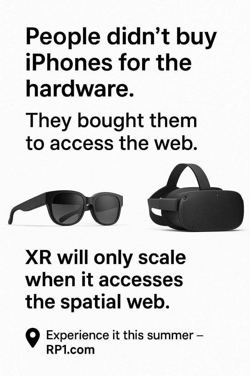 People didn’t buy iPhones for the hardware.

They bought them to access the web.

XR will only scale when it accesses the spatial web.

📍 Experience it this summer at <a href="/ARealityEvent/">AWE</a>  → RP1.com

#3DBrowser #Metaverse #SpatialInternet #AugmentedReality #AndroidXR