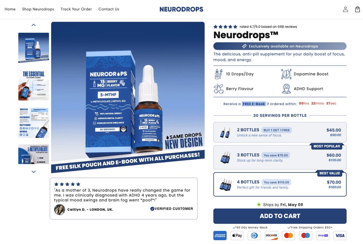 kidpakerot's tweet photo. This is what a 100M offer look like in Ecom,

It makes you feel stupid for not choosing 4 bottles,

And it comes with 2 free gifts,

That barely cost anything to fulfill, 

But this used to be a kalo rip,

That's why it has the new design,

And it's run by one of the bigger dropshippers in the space...