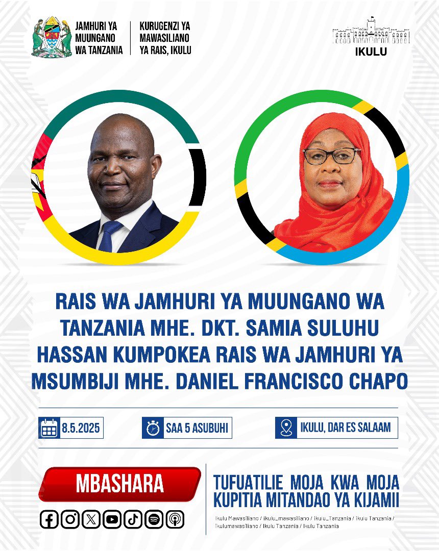 ikulumawasliano's tweet photo. Fuatilia matangazo ya moja kwa moja kupitia Akaunti zetu za Instagram: ikulu_mawasiliano, Facebook: Ikulu Tanzania Facebook fanpage: Ikulu Mawasiliano Twitter: ikulu_Tanzania Youtube Channel: Ikulu Tanzania Tovuti: https://t.co/cnxHoY889H https://t.co/6PrgI9FjVO