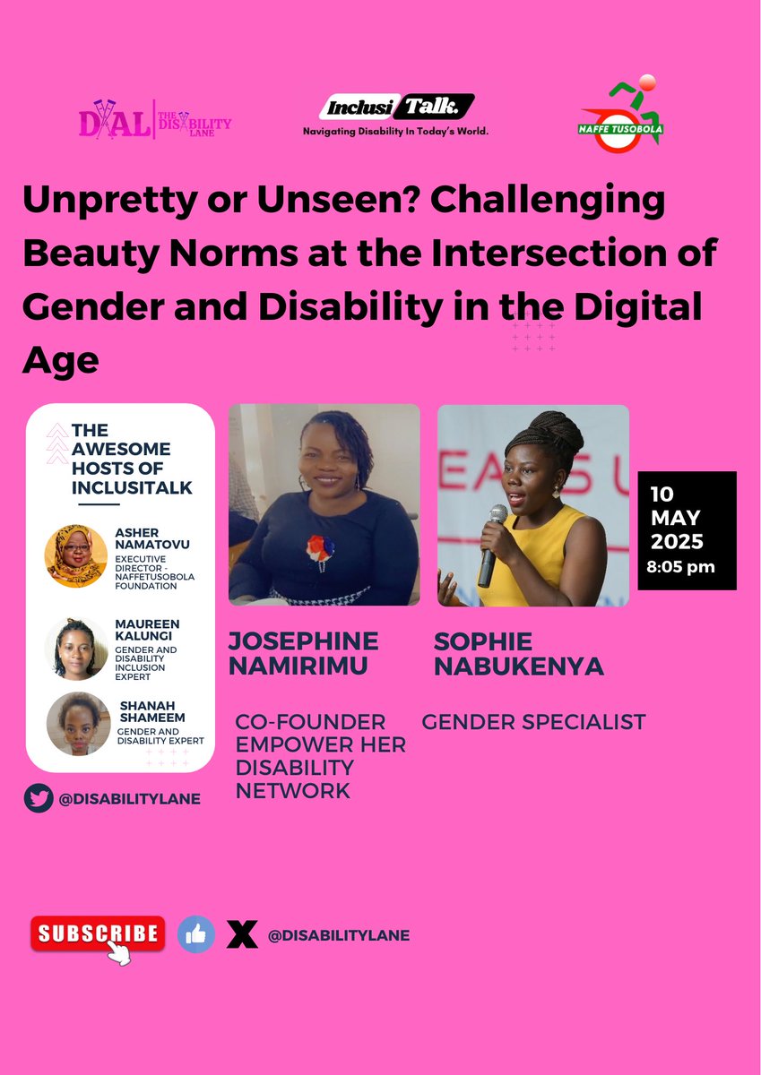 DisabilityLane's tweet photo. What makes someone 'beautiful'? And who gets to decide?
Join #InclusiTalk on May 10 for “Unpretty or Unseen?”, a bold conversation on beauty, disability, and feminist resistance.
🕗 8:05 PM EAT | 🎙️ @DisabilityLane | 
#DisabilityJustice #FeministVoices #ReclaimBeauty https://t.co/E11cq2uRH0