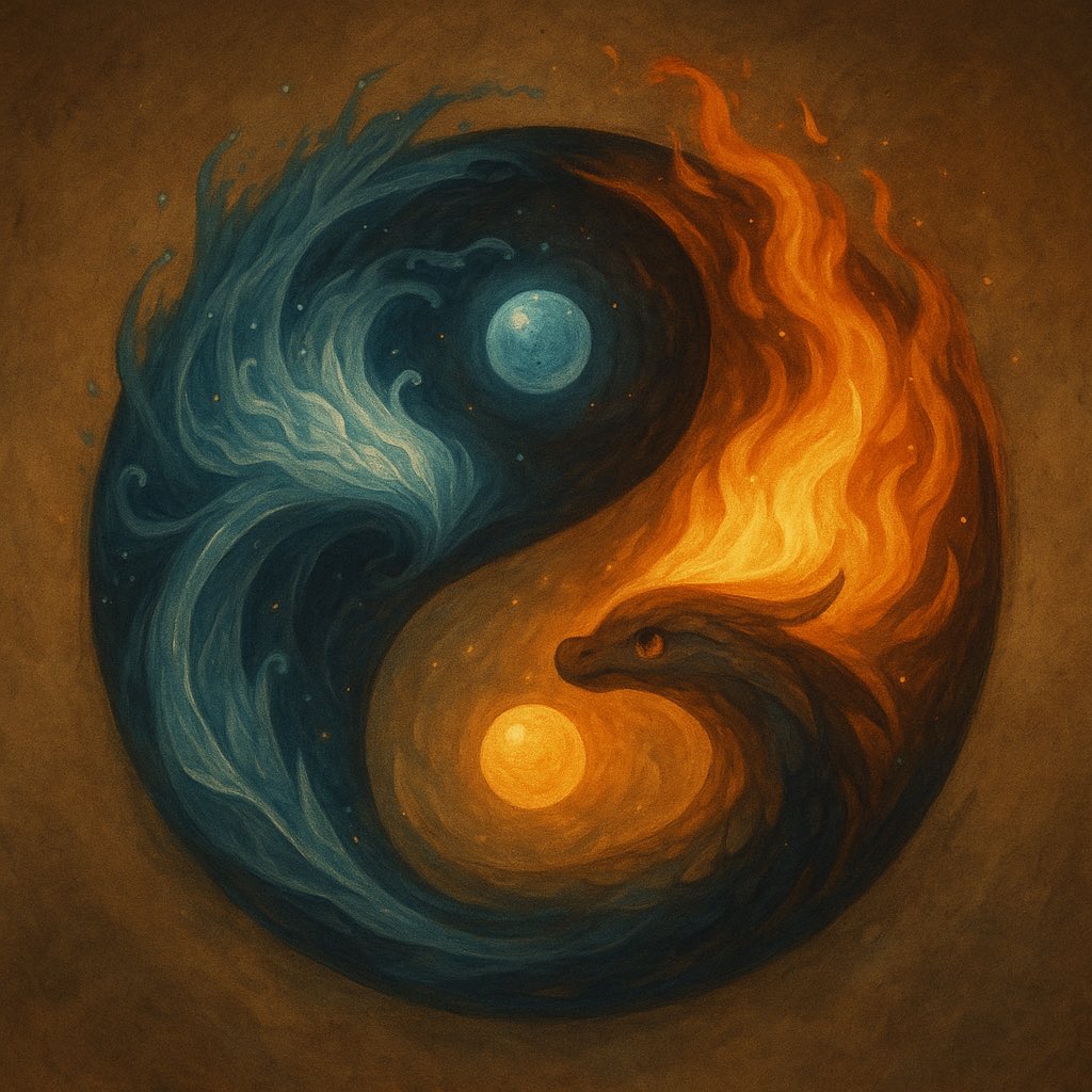 artivision2611's tweet photo. Fire doesn’t fight the wave.
The wave doesn’t fear the flame.
True balance is when both burn & flow together.
#YinYang #FantasyArt #MysticEnergy #ArtOfBalance #SpiritualVibes #VisualAlchemy https://t.co/TwibEusgJA