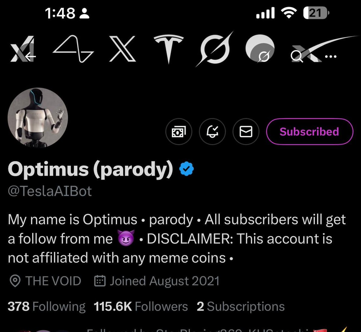 just subscribed to <a href="/TeslaAIBot/">Optimus (parody)</a> . We are in support of you!