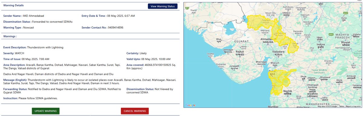 Light Thunderstorm with maximum surface wind speed less than 40 kmph (In gusts)accompanied with Light rain (&lt; 5 mm/h) very likely at isolated places in the districts of Gujarat state. <a href="/CMOGuj/">CMO Gujarat</a> <a href="/revenuegujarat/">Revenue Dep. Gujarat</a>