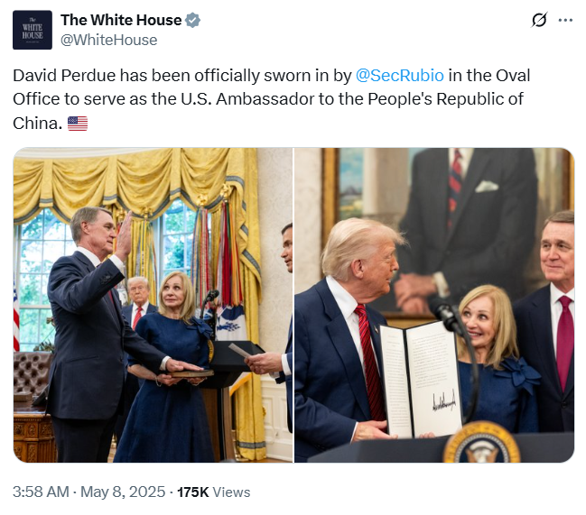 Congratulations to our new Ambassador, David Perdue!  The U.S. Mission to the People’s Republic of China looks forward to working under his leadership to advance the President’s priorities for the U.S.-China relationship.