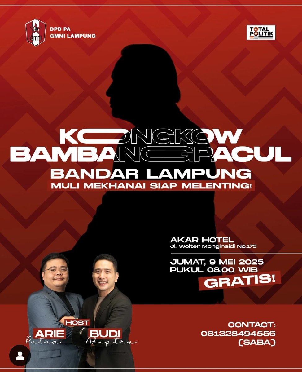 Yang ditunggu2..
"KONGKOW BAMBANG PACUL' IS BACK!" 

Hari : Jum'at, 9 Mei 2025
Pukul : 08.00 WIB
Lokasi : Akar Hotel
Jl. Wolter Monginsidi No.175, Gulak Galik
Kec. Tlk. Betung Utara, Kota Bandar Lampung

Ayo ikutan! 
👉 Pendaftaran : 081328494556 (SABA)

KOREA-KOREA MELENTINGLAH