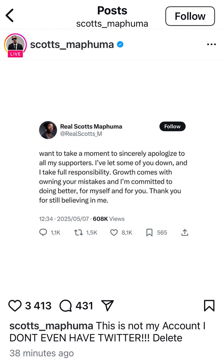 Am_Blujay's tweet photo. Scotts Maphuma says he isn’t the one who apologised on twitter he doesn’t even have a twitter account 😂😂 https://t.co/2Mtwss3frD