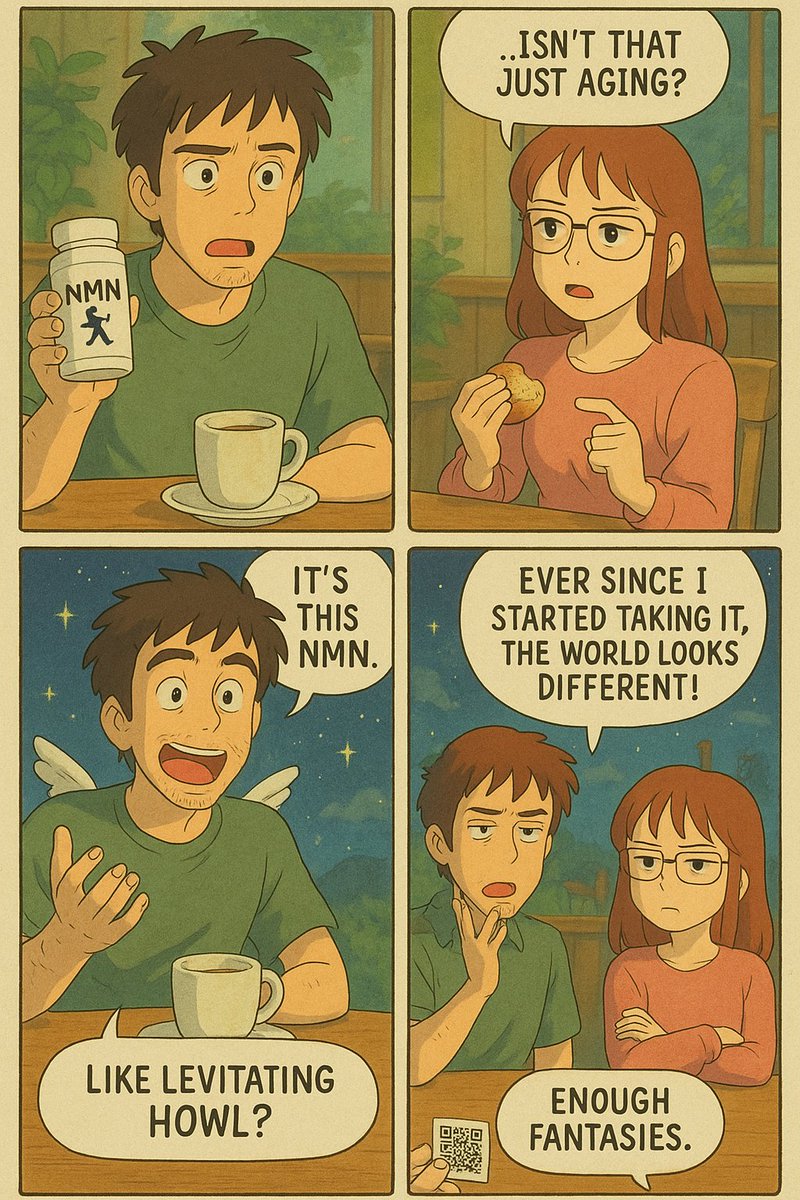 lssxb's tweet photo. "Tried NMN for a week...
He says he's floating like Howl.
She just wants the QR code.
Wellness meets fantasy — and reality bites.
👇 Tap to see how NMN changed his world."
#NMN #AntiAging #ComicHumor https://t.co/gE17x80NyH
