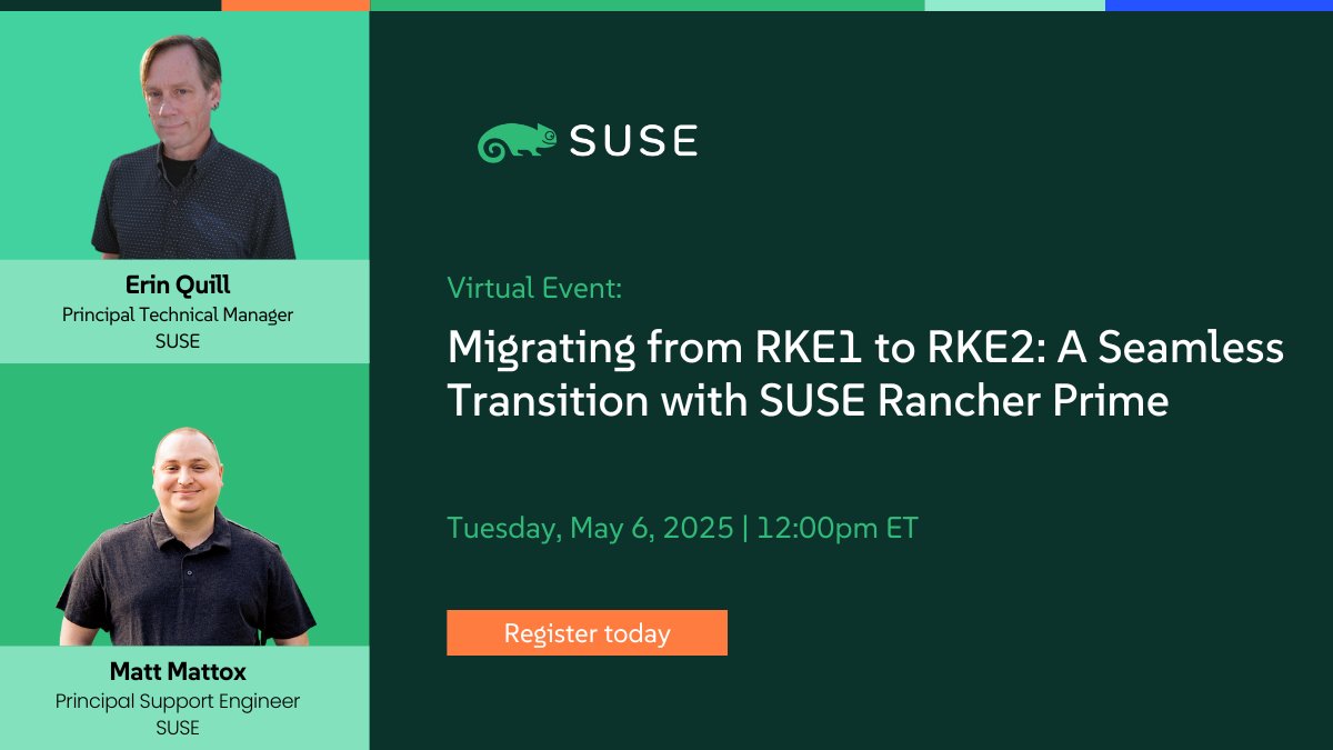Warto przenieść swoją infrastrukturę #Kubernetes na wyższy poziom! 🚀 Dołącz do nas 🗓️ 6 maja o 18:00, poznaj możliwości #RKE2 i dowiedz się, jak przeprowadzić migrację Kubernetesa z wykorzystaniem <a href="/SUSE/">SUSE</a> #RancherPrime.

Program spotkania i rejestracja: 👉 okt.to/G5f1T2
