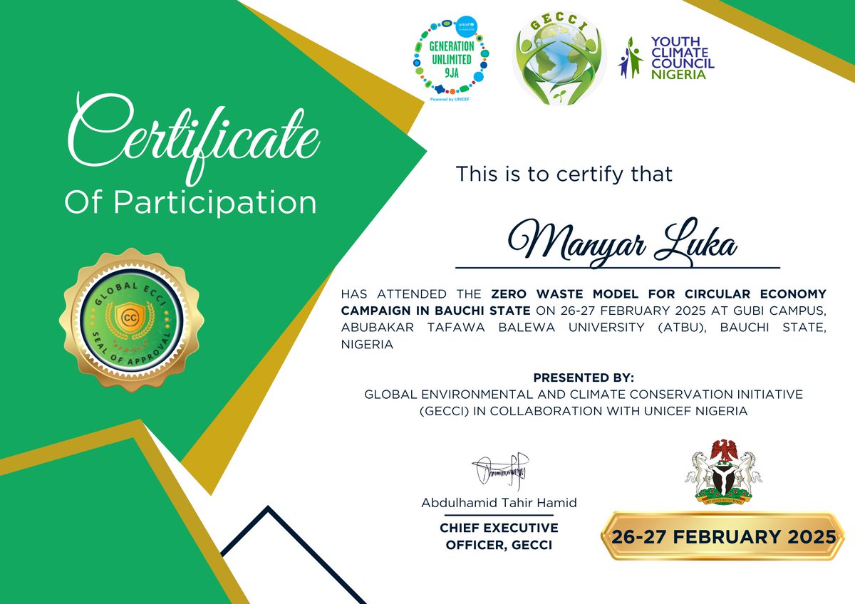 manyar_luka's tweet photo. I attended  the Zero Waste Model for Circular Economy Campaign organized by the Global Environmental and Climate Conservation Initiative(GECCI) in collaboration with UNICEF Nigeria, this event was a great step toward sustainability.
#ZeroWaste #CircularEconomy #GECCI #UNICEF https://t.co/Et4jPu4lyD