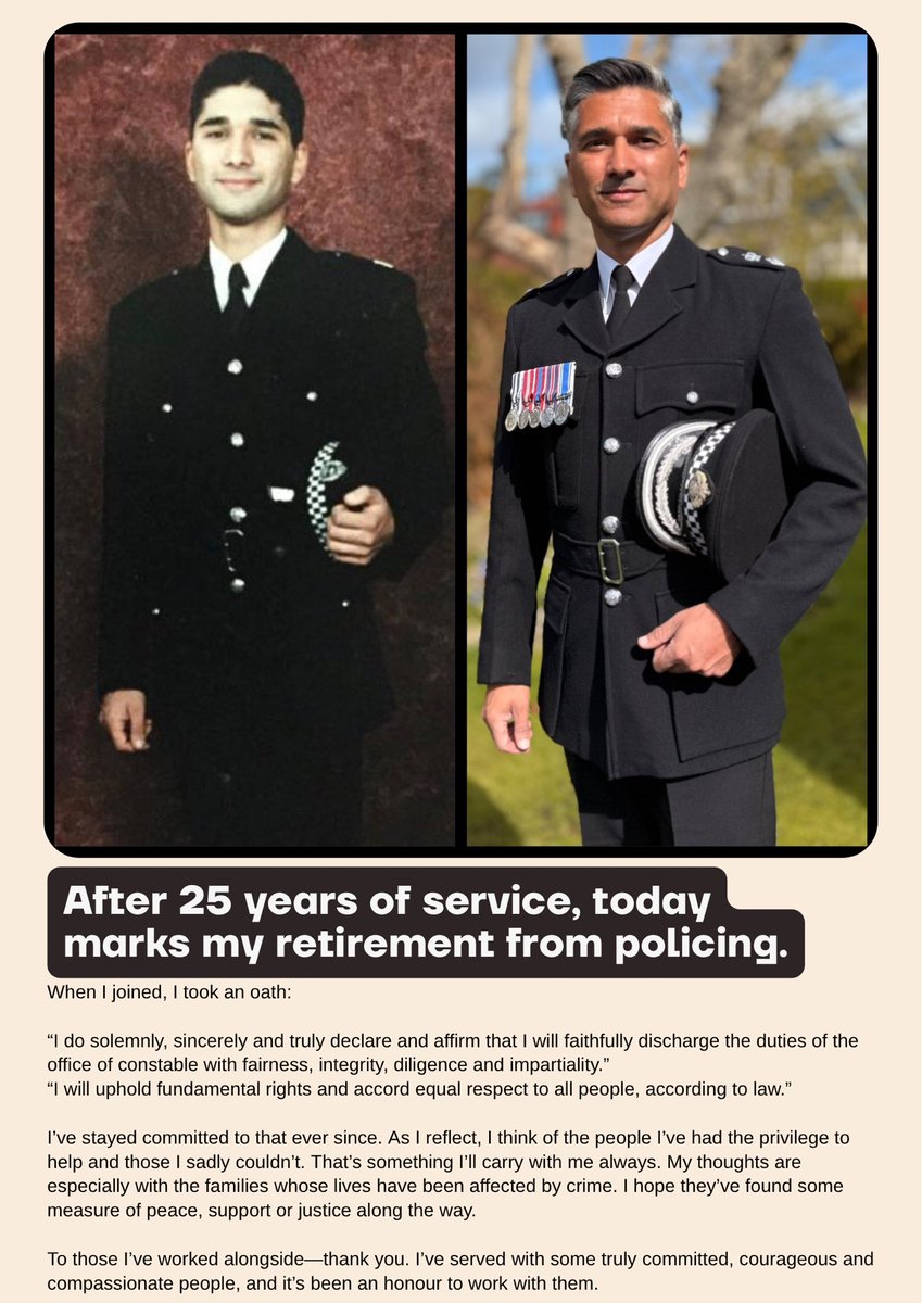 Chief Superintendent Faroque Hussain KPM (@chsupthussain) on Twitter photo Same tunic.
Same purpose. 
25 years apart. 
Today, I say goodbye to policing. 
It’s been a rollercoaster, challenging, humbling & unforgettable. Same tunic.
Same purpose. 
25 years apart. 
Today, I say goodbye to policing. 
It’s been a rollercoaster, challenging, humbling & unforgettable.