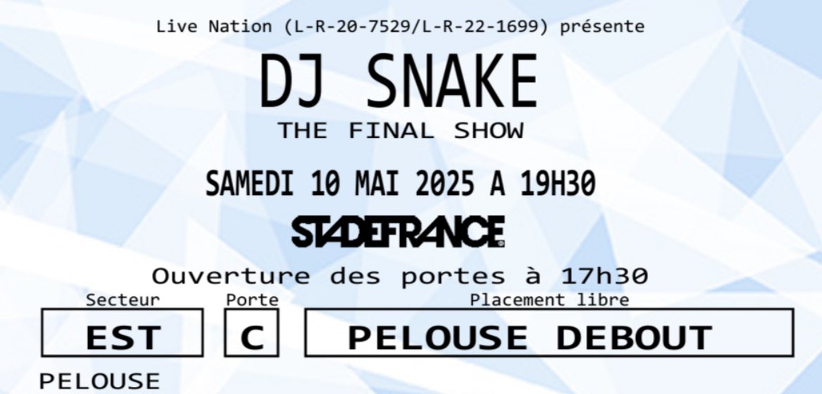 Bonjour,
Je revend 2 billets pour le concert de DJ SNAKE au Stade de France samedi.
59,80€ le billet (prix d’achat).