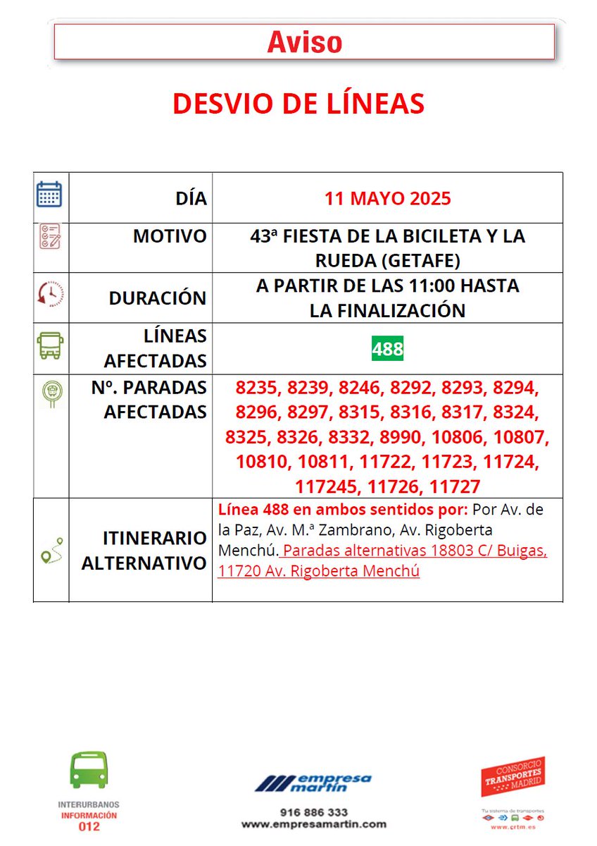 ⚠️ AVISO IMPORTANTE ⚠️

Desvío en la línea 488 por 43ª Fiesta de la Bicicleta y la Rueda.

🗓️ 11 de mayo
🕡 Desde las 11:00 hasta la finalización

Disculpen las molestias.