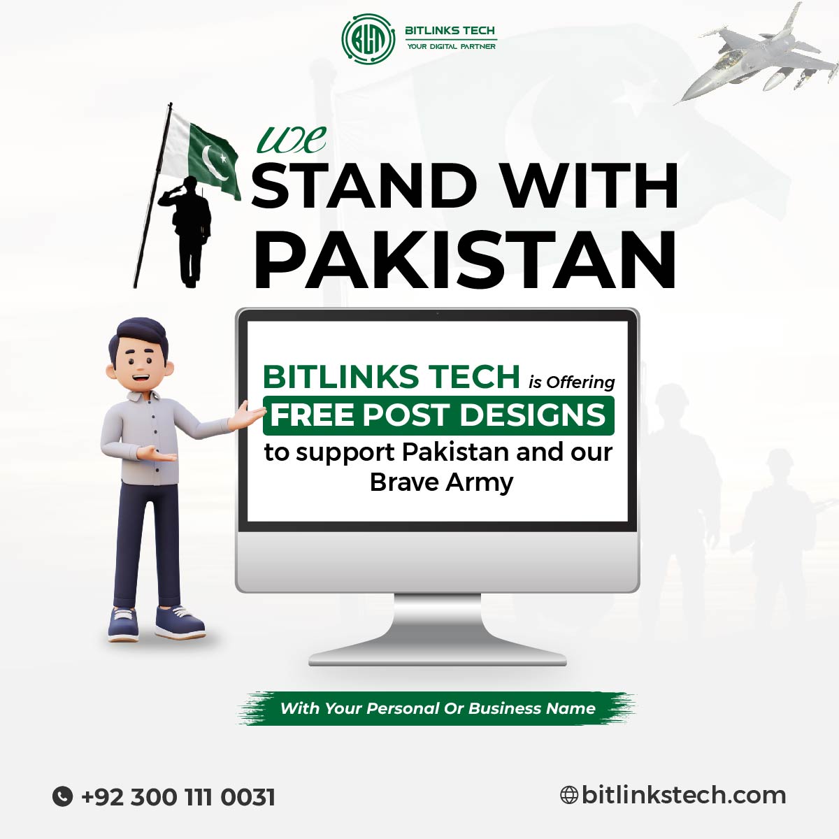 bitlinkstech's tweet image. We Stand With Pakistan
Bitlinks Tech is offering FREE post designs to support Pakistan and our brave army!

📞 Contact us today: +92 300 111 0031
🌐 Visit: bitlinkstech.com
#StandWithPakistan #FreeDesignSupport #PakArmyZindabad #SupportOurForces #BitlinksTech