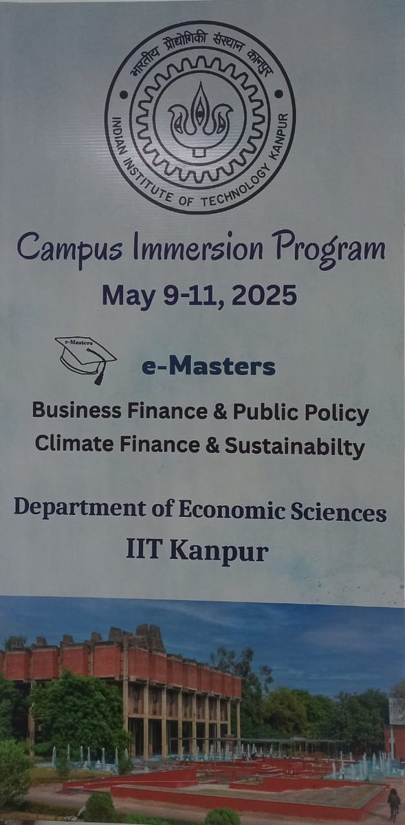 IIT Kanpur Economics (@iitk_econ) on Twitter photo We are pleased to announce the Annual Campus Immersion Program, happening May 9–11, 2025 for the participants of the Business Finance and Public Policy (BFPP) and Climate Finance and Sustainability (CFS) programs. 🌱📊
#CampusImmersion2025 #BFPP #CFS
emportal.mookit.in/ECO_CIP/# We are pleased to announce the Annual Campus Immersion Program, happening May 9–11, 2025 for the participants of the Business Finance and Public Policy (BFPP) and Climate Finance and Sustainability (CFS) programs. 🌱📊
#CampusImmersion2025 #BFPP #CFS
emportal.mookit.in/ECO_CIP/#