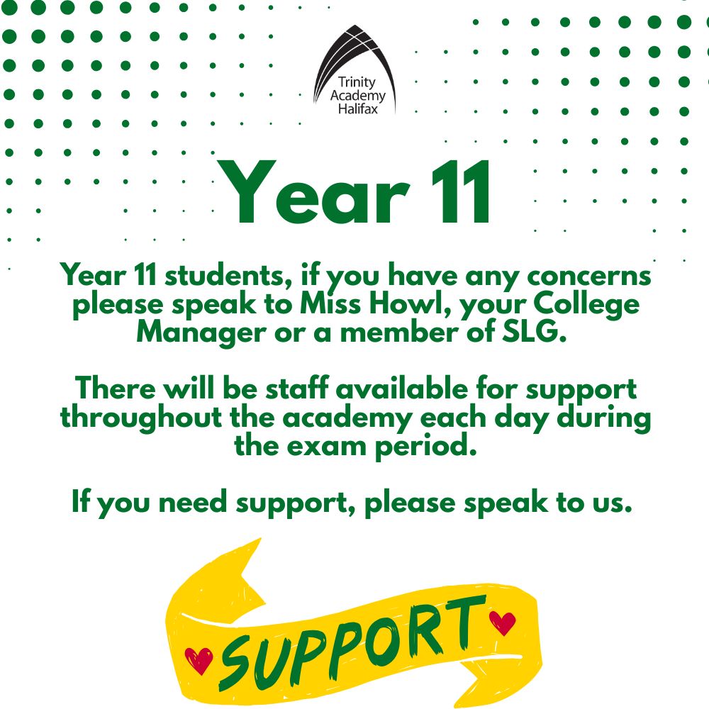 TrinityAcademyH's tweet image. With GCSEs starting today, a reminder to all students, parents and carers that if you need any help, advice or support over the exam period, please speak to a member of academy staff. 🫶

You&apos;ve got this Year 11! 👍💚