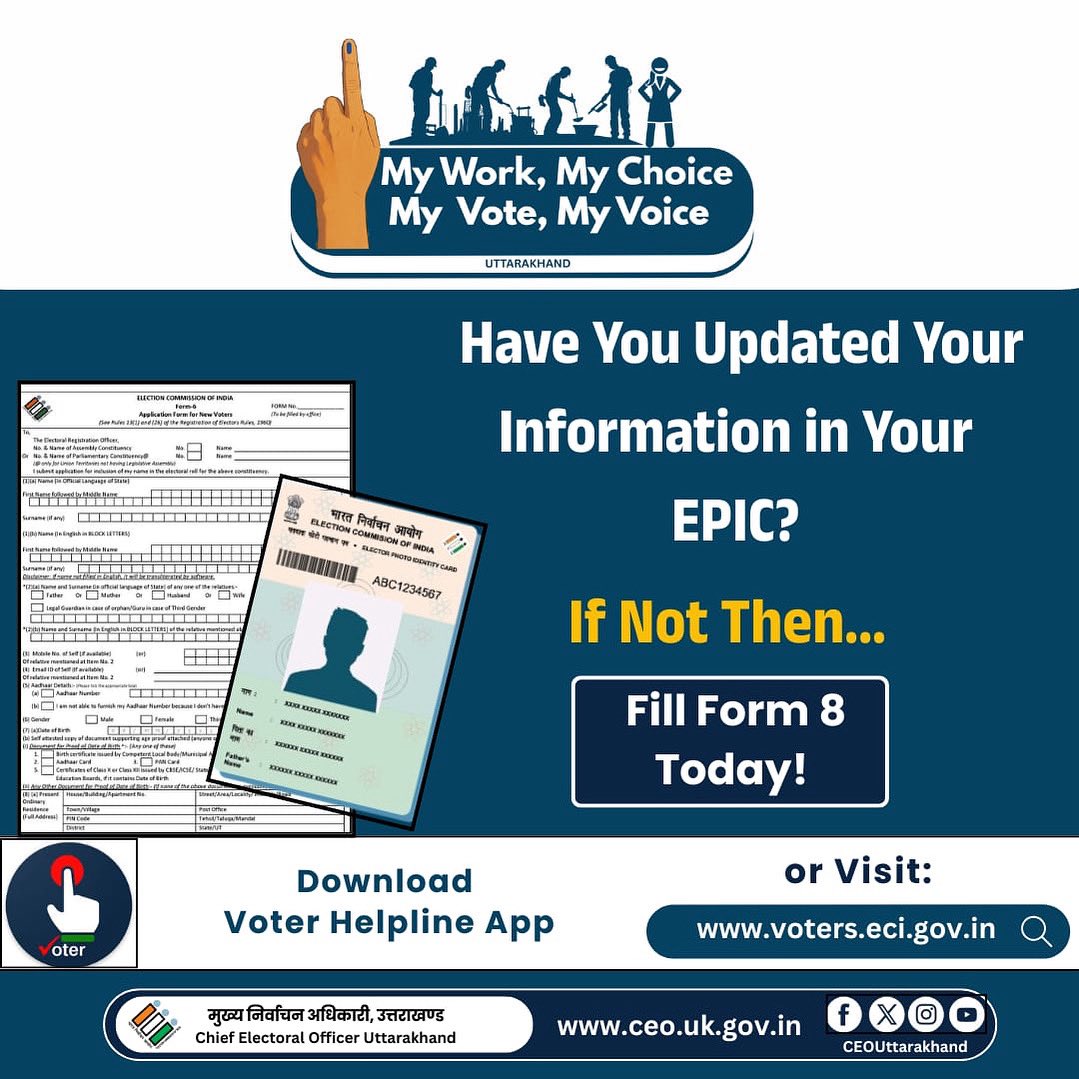 Is there an error in your Voter ID? Your name, photo, or address not accurate? Fill Form 8 to correct it with ease.

#Form8
#VoterIDCorrection
#MyVoteMyVoice
#ECI
#CEOUttarakhand