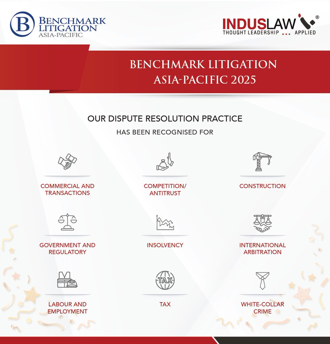 IndusLaw's tweet image. Pleased to share that our Dispute Resolution practice has been ranked in the @BenchLitigation Asia-Pacific 2025 rankings across multiple areas, highlighting our team’s depth, strategy &amp;amp; impact. Thank you to our clients for their continued trust.

#IndusLaw #BenchmarkLitigation