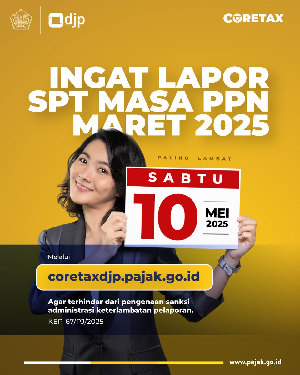 #KawanPajak, kalau sudah lapor SPT, jadi aman, jadi lebih nyaman!

Yuks, lapor SPT Masa Maret 2025 sebelum batas waktunya: 10 Mei 2025.
Lapor hari ini, lapornya di sini: coretaxdjp.pajak.go.id

Butuh bantuan? 
Hubungi Kring Pajak di 1500200, DM ke X kring_pajak, atau kunjungi