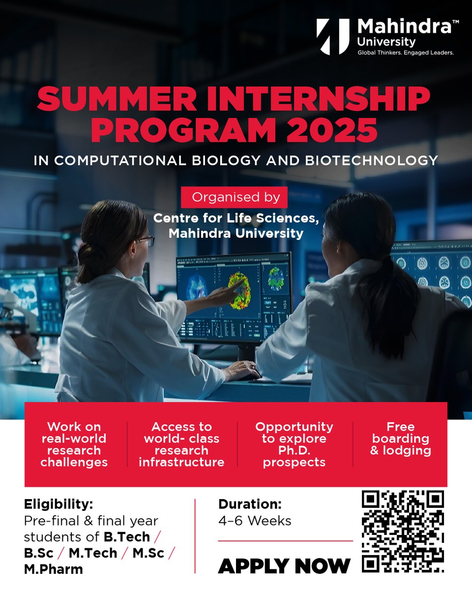 Mahindra University (@mahindrauni) on Twitter photo The <a href="/CLS4MU/">Mahindra University Centre for Life Sciences</a> invites applications for its Summer Internship Program 2025 in Computational Biology and Biotechnology. Get mentored by leading researchers and immerse yourself in impactful, interdisciplinary science.
Apply Now: forms.office.com/r/S3ckWpvJSa
#MahindraUniversity The <a href="/CLS4MU/">Mahindra University Centre for Life Sciences</a> invites applications for its Summer Internship Program 2025 in Computational Biology and Biotechnology. Get mentored by leading researchers and immerse yourself in impactful, interdisciplinary science.
Apply Now: forms.office.com/r/S3ckWpvJSa
#MahindraUniversity
