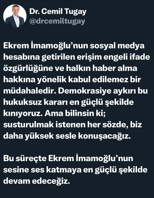 İzmir Büyükşehir Belediye Başkanı Cemil Tugay, X hesabını Ekrem İmamoğlu'na tahsis etti.