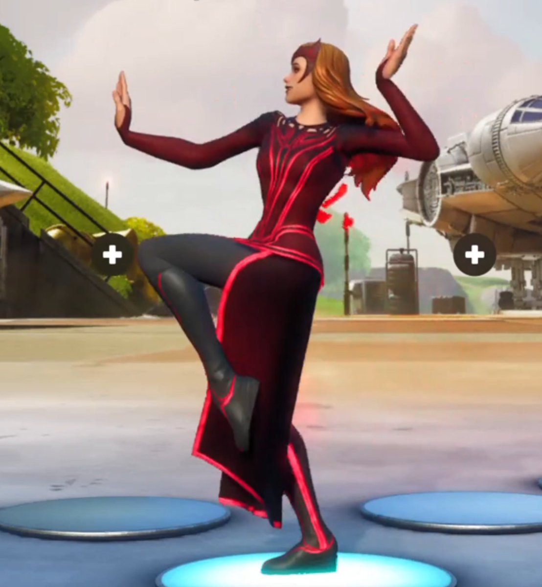 pilling_rose's tweet photo. @FortniteStatus The Scarlet Witch skin's skirt is completely broken. The movement physics aren't working at all. It clips through the legs and is stiff like it's made of cardboard. And it fans out like a big, stiff tortilla chip. Please fix it so it moves like it used to. https://t.co/YHJkYM8Ktu