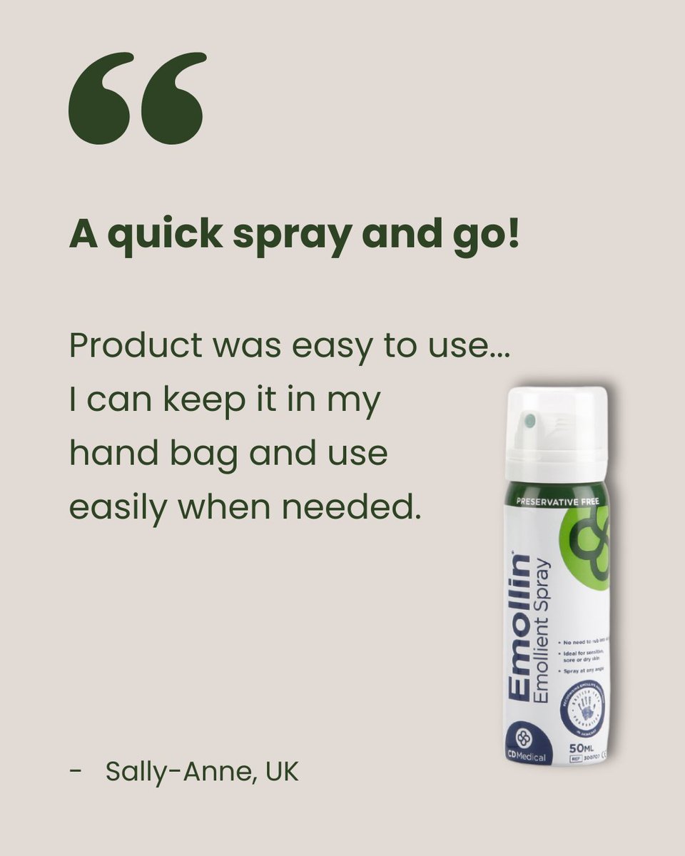 CDMedical's tweet photo. Did you know that Emollin Emollient Spray is available in 3 sizes? 240ml, 150ml, and a handy 50ml travel size. 

"Just spray and go! I can keep it in my handbag and use easily when needed." 

Find out more at: https://t.co/XG6WoWwcGj

#Emollin #SprayAndGo #SpraySootheProtect https://t.co/8Vo1AuradT
