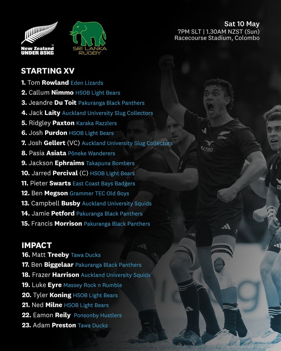 Your NZ U85kg team to play Sri Lanka in their second match 🫡

📆 Saturday 10 May (SL) | Sunday 11 May (NZ)
⏰ 7pm (SL) | 1.30am (NZST)
🏟️ Racecourse Stadium, Colombo
📺 Live on Sky Sport and NZR+ bit.ly/U85game2