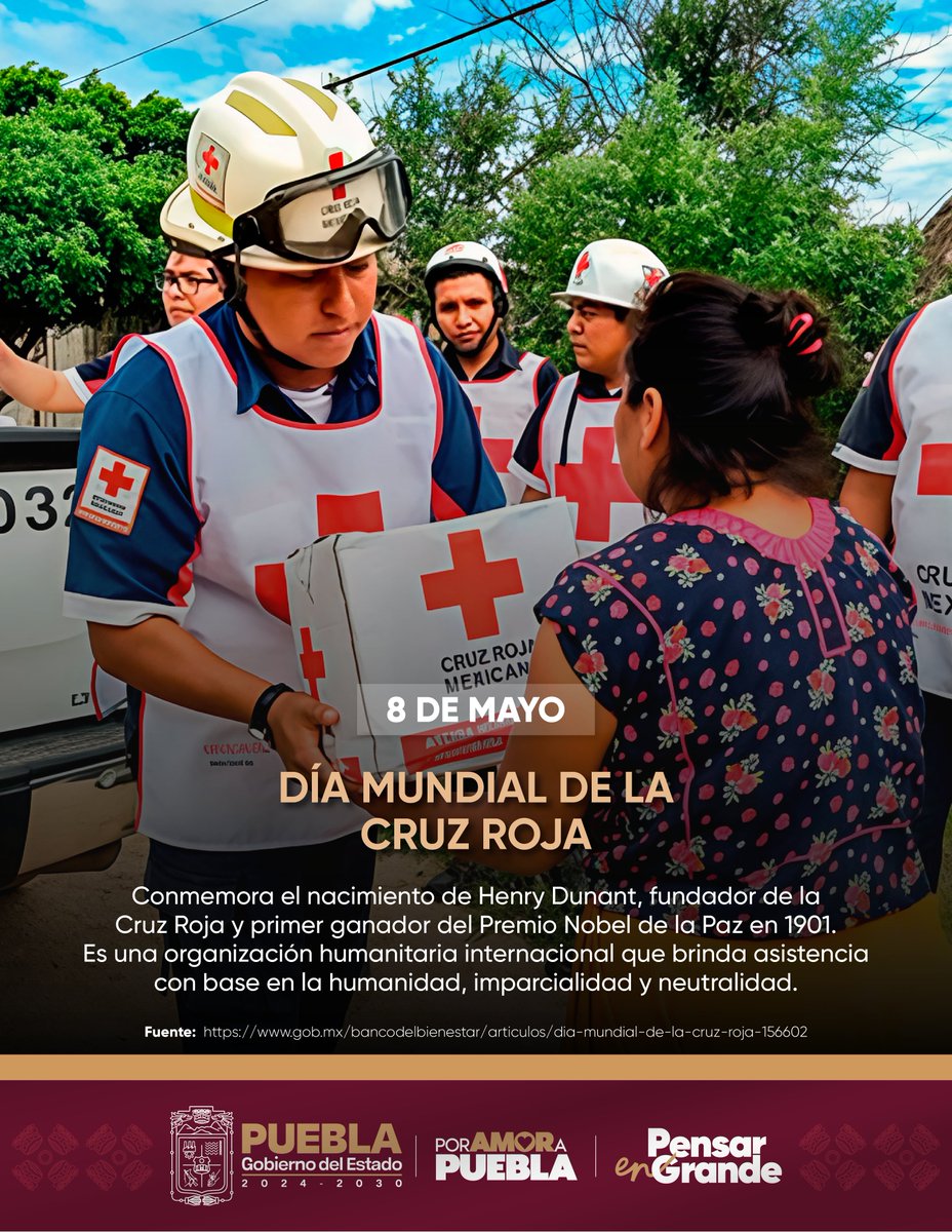 ⛑️ Día Mundial de la Cruz Roja |Reconocemos a quienes salvan vidas y dan esperanza en los momentos más difíciles. ¡Gracias por tanto corazón! ❤️
<a href="/CruzRoja_MX/">Cruz Roja Mexicana IAP</a> <a href="/CruzRojaPue/">Cruz Roja Puebla - Estatal</a> <a href="/CruzRojaPuebla/">Cruz Roja Ciudad de Puebla</a> <a href="/CICR_DRMX/">CICR México y América Central</a>⛑️
#PorAmorAPuebla #PensarEnGrande