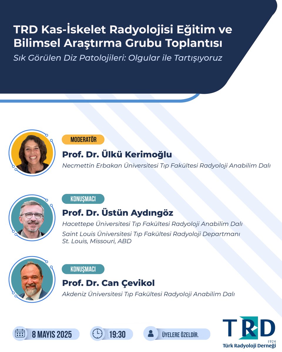 TRD Kas-İskelet Radyolojisi Eğitim ve Bilimsel Araştırma Grubu Toplantısı

Sık Görülen Diz Patolojileri: Olgular ile Tartışıyoruz

🗓 8 Mayıs 2025 | 🕢 19:30 | 👥 Üyelere özeldir.