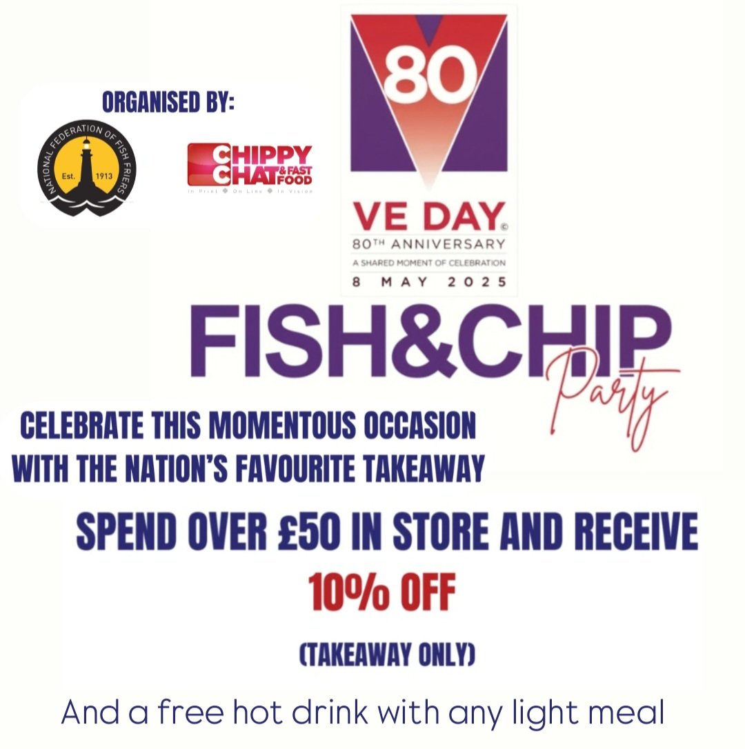 French's Fish & Chip Shop (@frenchsfandc) on Twitter photo Join us to mark the role the fish & chip industry played in the war effort.
Grab your friends & family, let's bring people together to celebrate #veday80thanniversary in association with <a href="/NFFF_UK/">NFFF - National Federation of Fish Friers</a> & <a href="/Chippychat/">Chippychat</a> Magazine Join us to mark the role the fish & chip industry played in the war effort.
Grab your friends & family, let's bring people together to celebrate #veday80thanniversary in association with <a href="/NFFF_UK/">NFFF - National Federation of Fish Friers</a> & <a href="/Chippychat/">Chippychat</a> Magazine