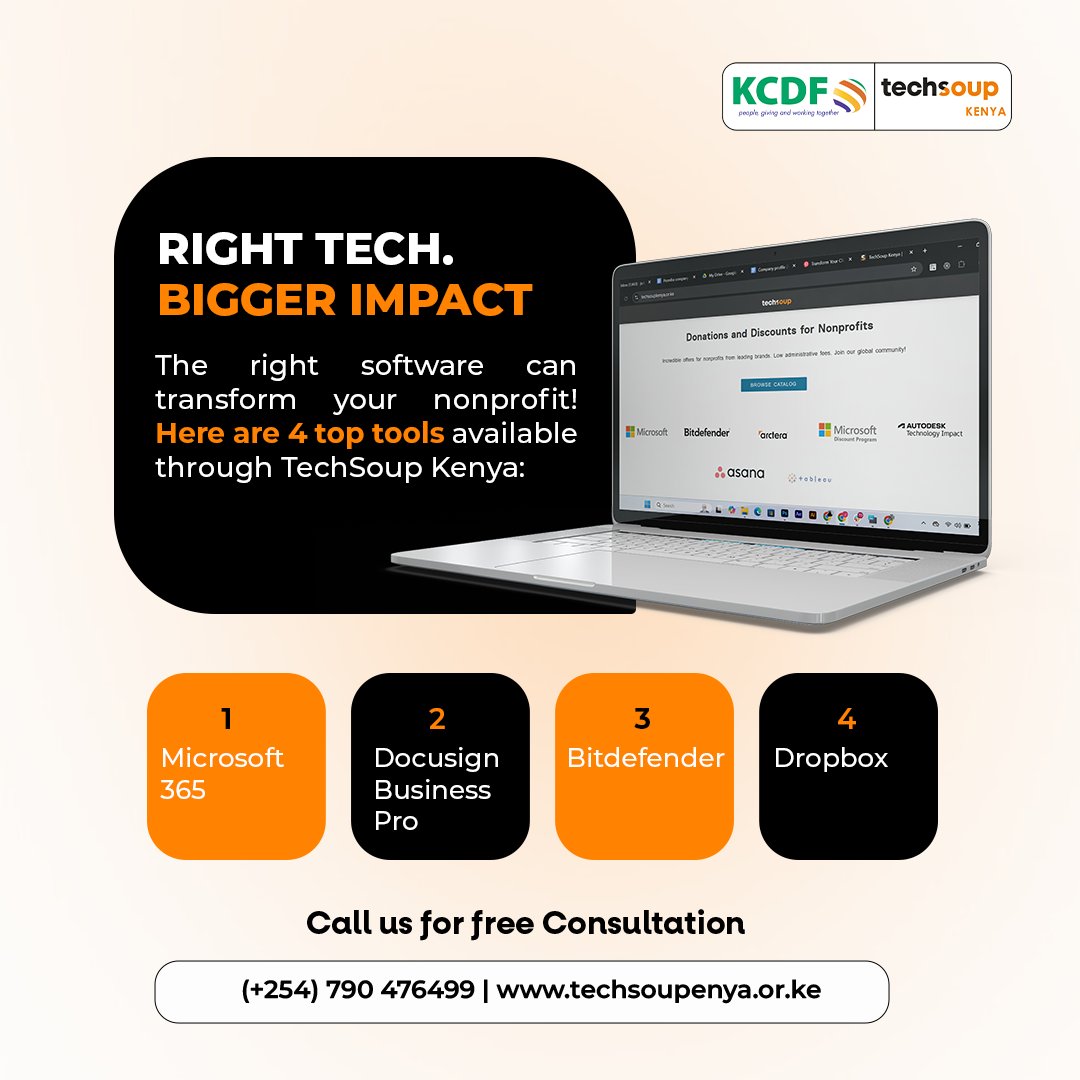 The right software can transform your nonprofit!
Top 4 tools via TechSoup Kenya:
- Microsoft 365
- DocuSign
- Bitdefender
- Dropbox

These tools help teams work smarter from anywhere.

Which one does your org use most?