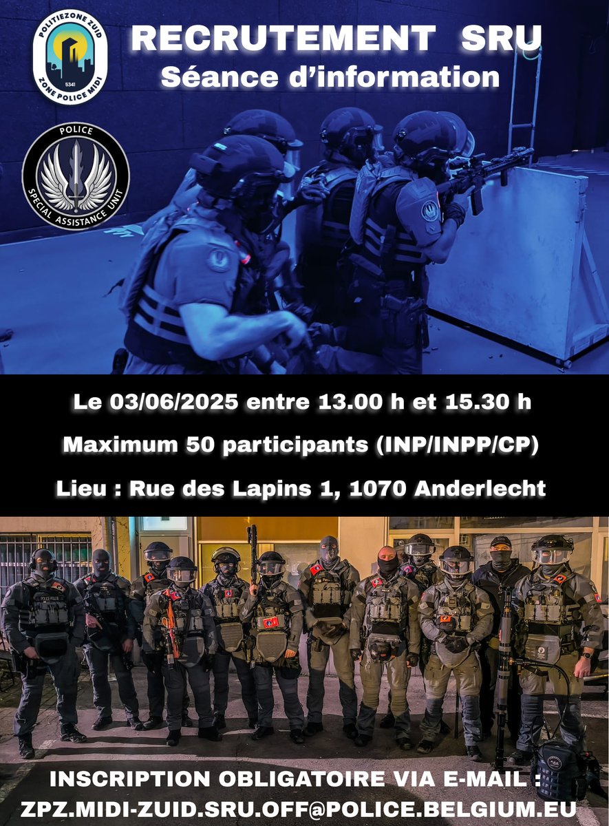Vous êtes INP, INPP ou CP, à la recherche de nouveaux challenges et motivé(e) par l’action ? Vous tombez à pic !

Le Special Response Unit (SRU) vous ouvre ses portes le 3 juin 2025, de 13h à 15h30, pour une session d'information exclusive.

police.be/5341/fr/actual…
