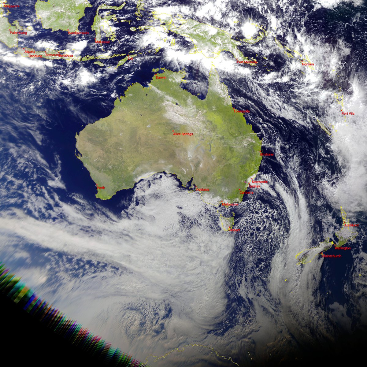 BenSKlerk1's tweet photo. #ElektroL4 (3:42UTC) 1:42pm 8 May AEST
#MeteorMN2_4 #LRPT (4:55UTC) 2:55pm
#Satdump, #DiscoveryDish, #Airspy mini
#MeteorGis, #QFH, #Nooelec Noaa, #RTLSDR
#weather #LRIT #Satellite #Australia #NewZealand #Globe #Earth https://t.co/alsa4CB3e6