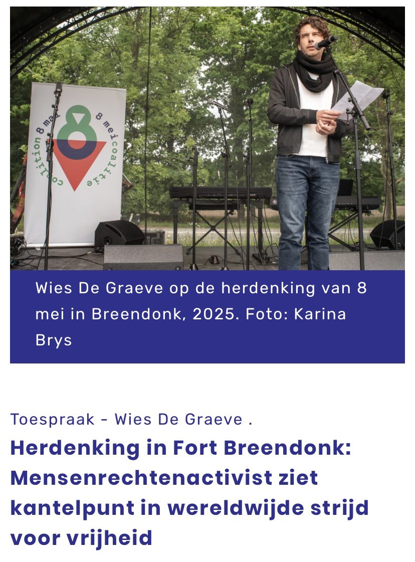 DeGraeveWies's tweet image. Vandaag - 8 mei - vieren we 80 jaar Bevrijding in ons land: een dag van herdenking, van bewustwording en vooral van strijdvaardige hoop. Ik gaf er een toespraak over op de herdenking aan het Fort van Breendonk, georganiseerd door de 8 meicoalitie: dewereldmorgen.be/artikel/2025/0…
