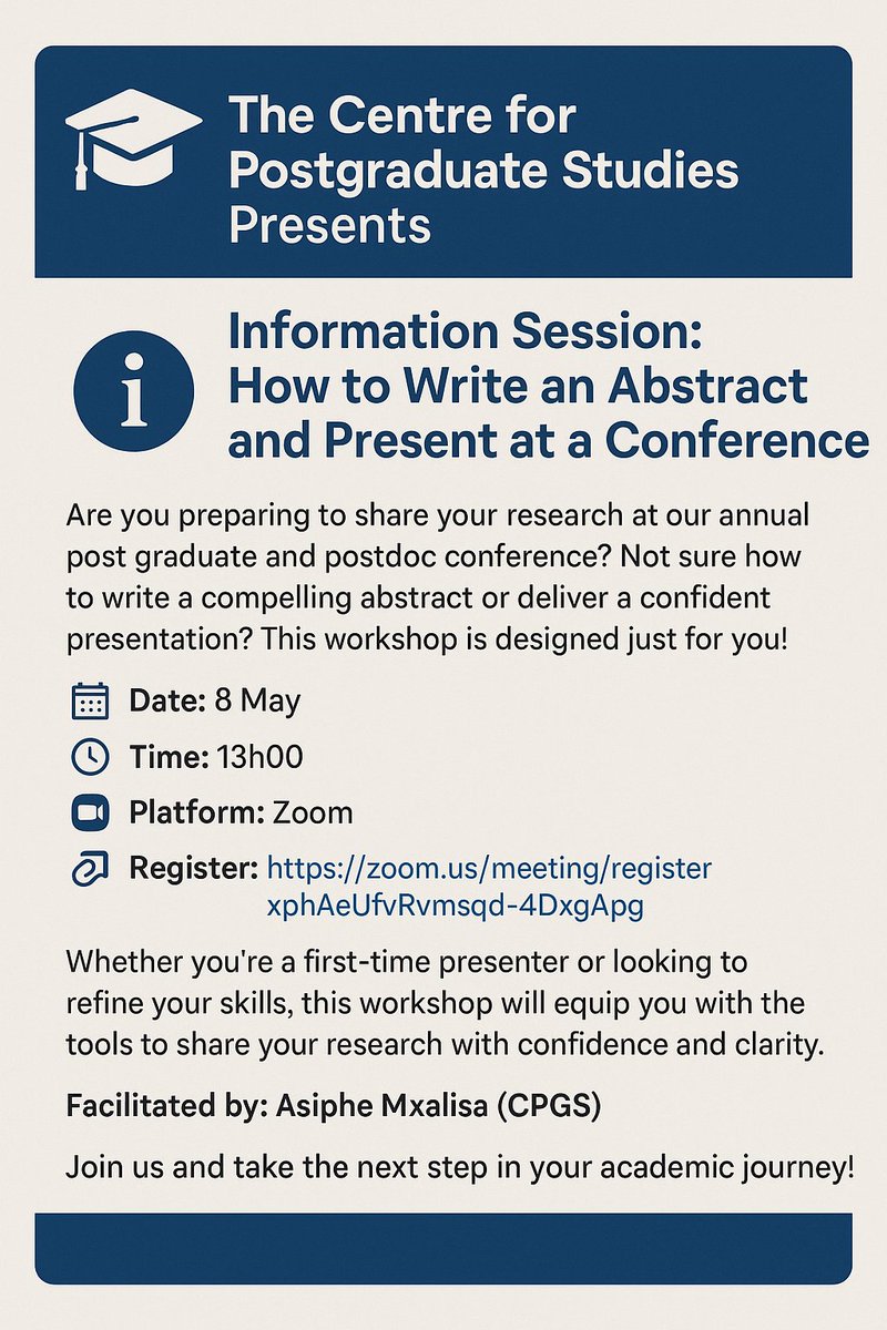 🗓️ Today | 13:00–14:00
Join Asiphe for a workshop on:
 How to Write an Abstract &amp; Present at a Conference 🎤📄
Level up your academic game—don’t miss it! 💡
#ResearchTips #AcademicTwitter #GradLife #ConferencePrep