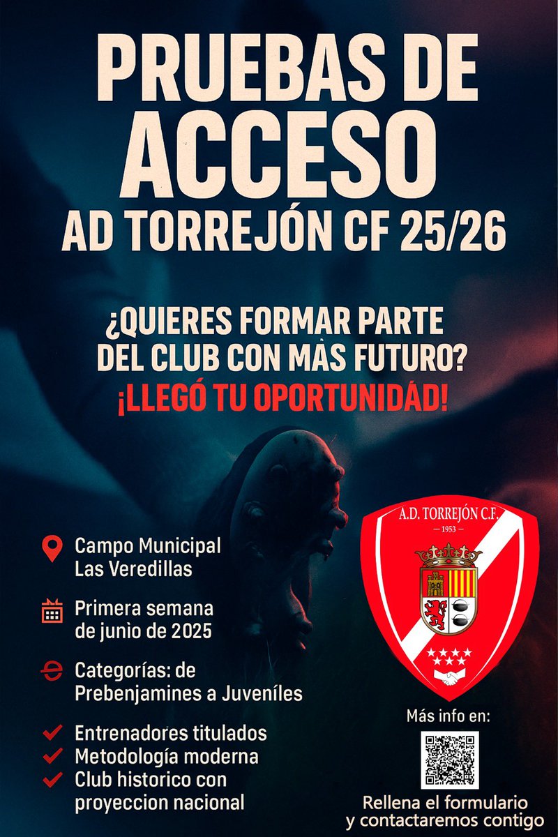 ¿Quieres jugar en un club con futuro?
La AD TORREJÓN CF abre pruebas de acceso para la temporada 25/26.

Crecimiento progresivo, metodología moderna y proyección real:

Rellena el formulario y te contactamos.

bit.ly/PruebasADTorre…

¡Te esperamos en junio en Las Veredillas!